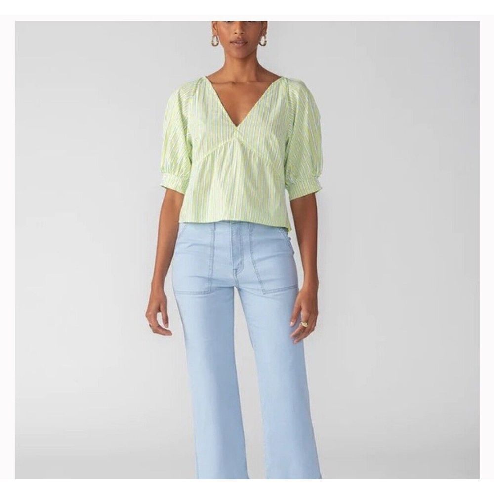 Sanctuary V Neck Cotton Poplin Top in Green Energy Stripe Size L